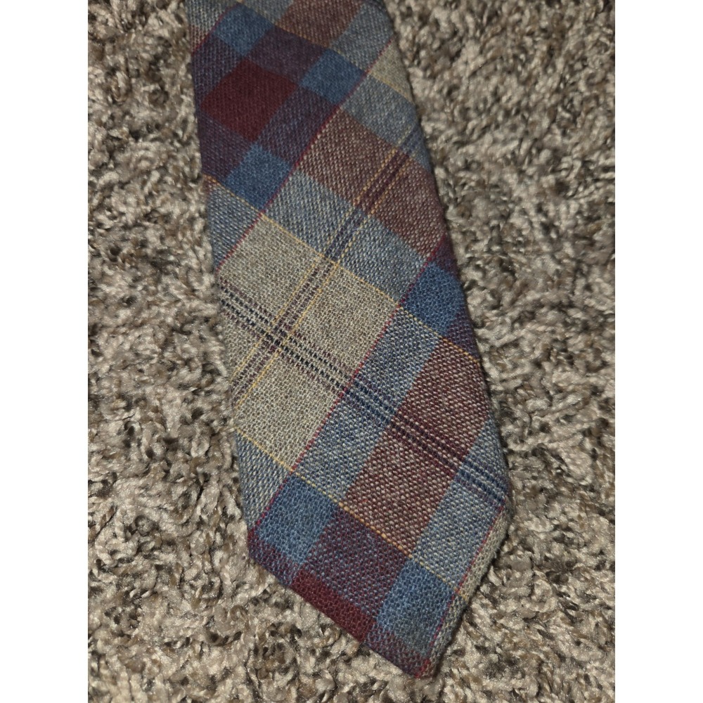 VTG WOOL Tartan Plaid Blue Red Brown TARTAN MEN'S NECK TIE - Picture 2 of 10